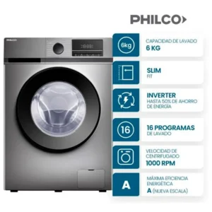 Lavarropas Philco 6kg Inverter Frontal Phlf61gn 1000rpm Gris