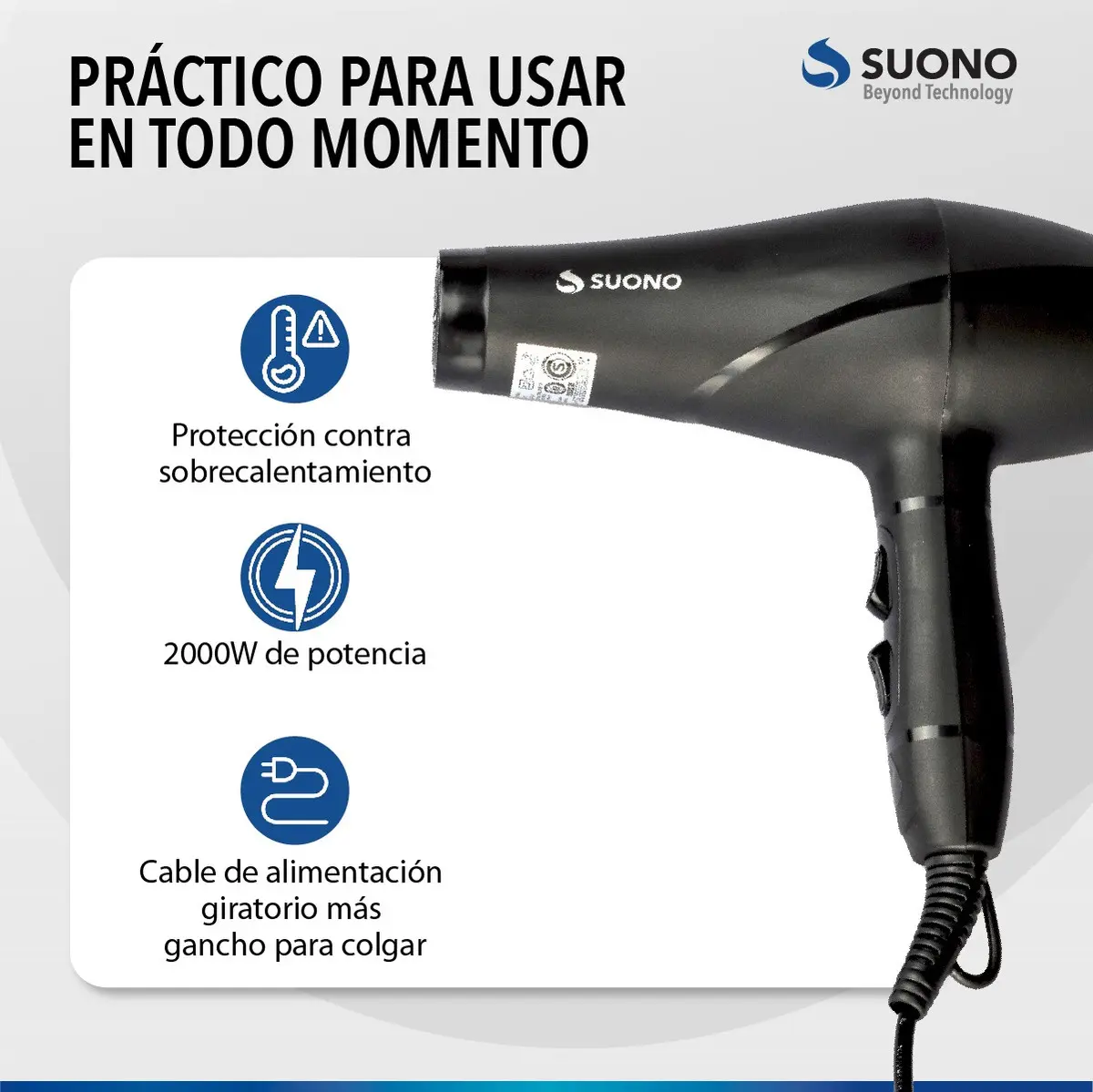 Secador De Pelo Suono Acc0067 2000w Frío/calor C/difu Negro - Imagen 3