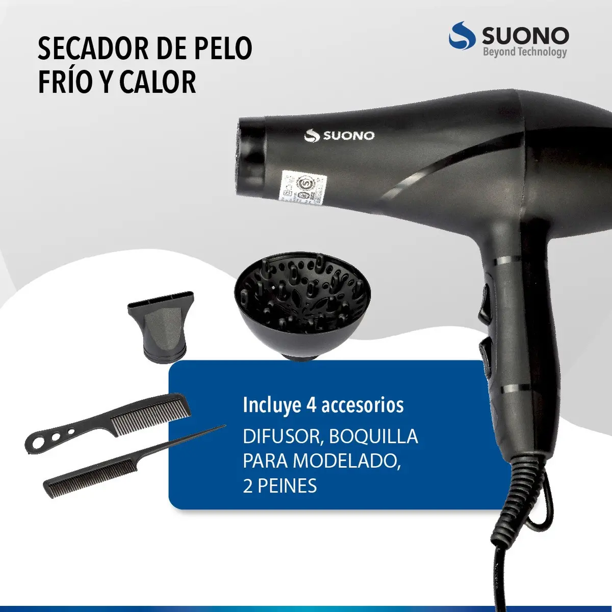 Secador De Pelo Suono Acc0067 2000w Frío/calor C/difu Negro - Imagen 2